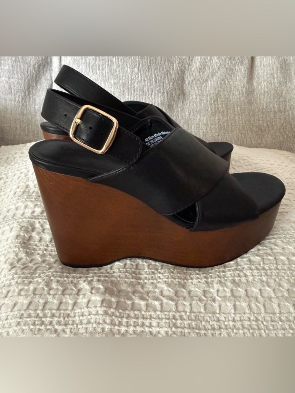 Target Black Leather Platform Wedges with Brown Wood-Look Heel